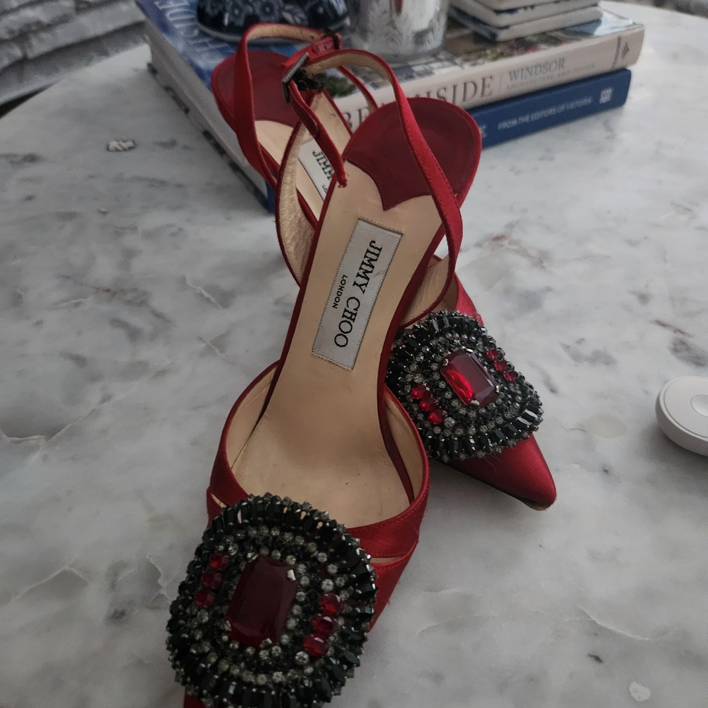 Authentic Jimmy Choo Red Satin Stiletto Heels with Crystal Embellishment 37